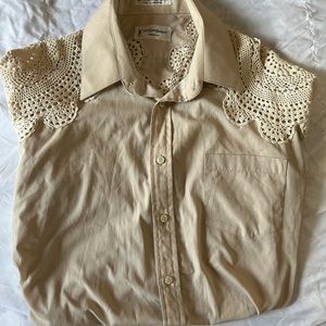 Yves Saint Laurent tan/cream colored button up lace blouse.